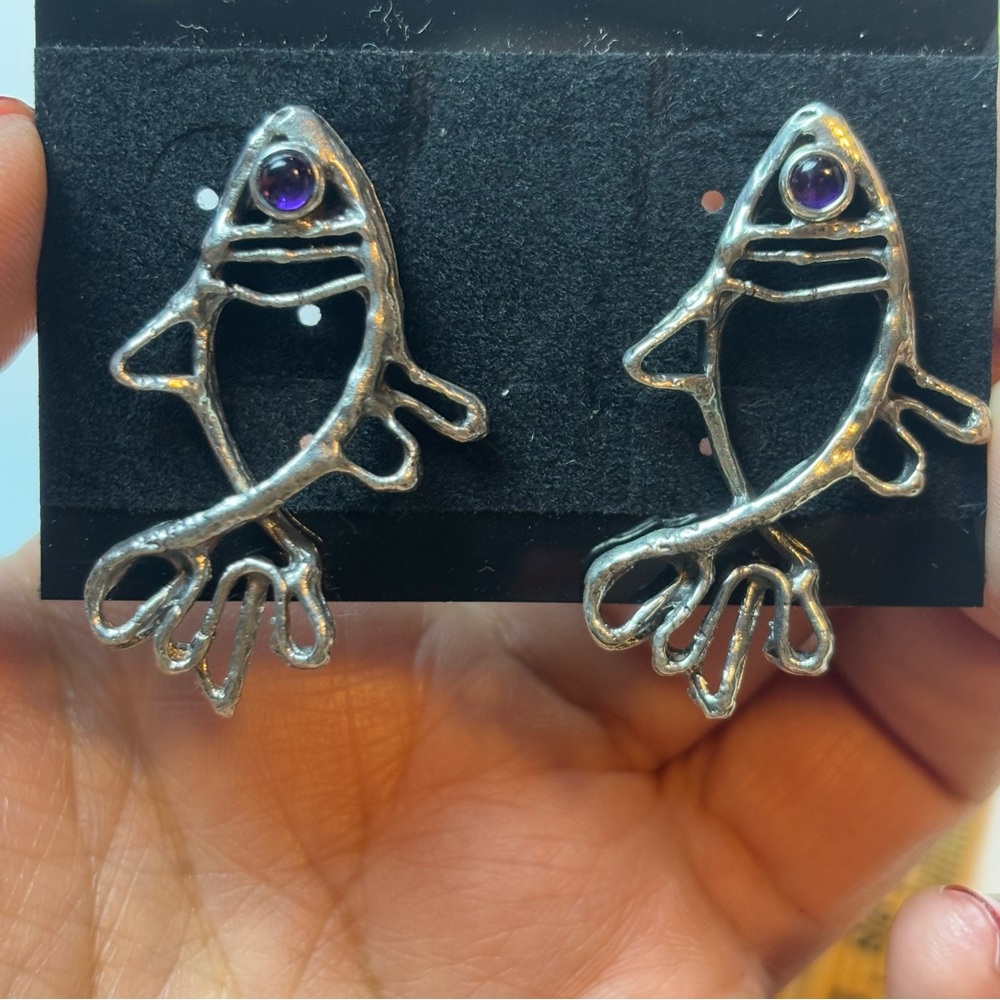 Vintage Sterling Silver .925 Sculpted Fish Earrings with Purple Gemstone Eyes! 🐟